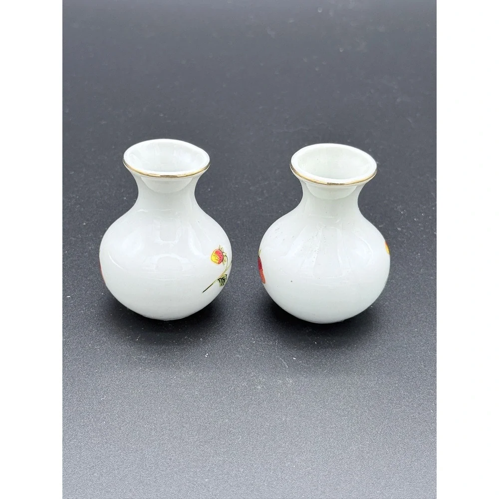 OMC Japan Miniature Porcelain Strawberry Bud Vases Gold Rim Set of 2 Vintage